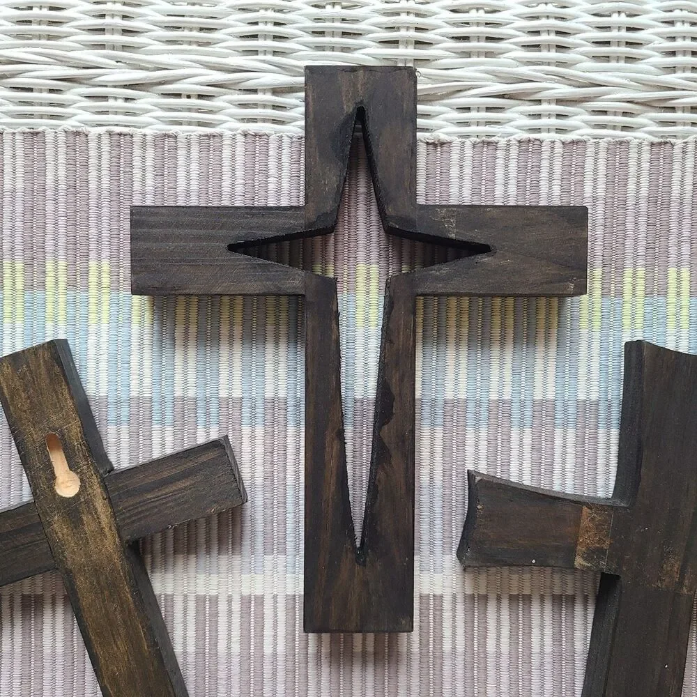 Vintage Rustic Dark Wood Wall Crosses – Set of 4 Handmade Decorative Crosses